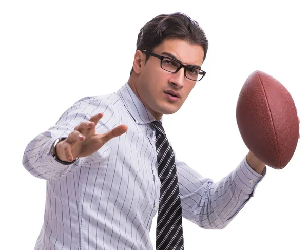 Joven hombre de negocios con fútbol americano aislado en blanco — Foto de Stock