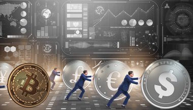 İşadamı bitcoin cryptocurrency kavramında iterek