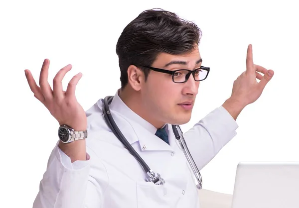 Médico en telemediina concepto de mhealth en blanco — Foto de Stock