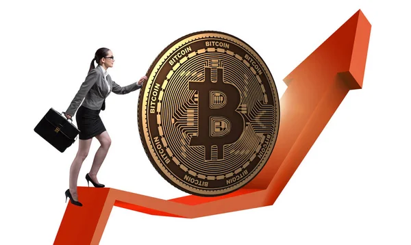 Bizneswoman pchanie bitcoin w kryptowaluta blockchain conce — Zdjęcie stockowe