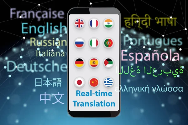 Concept of real time translation with smartphone app - 3d render — Stock Photo, Image