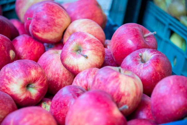 Manzanas en el puesto de exhibición del mercado — Foto de Stock