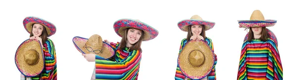 Hübsches mexikanisches Mädchen in lebendigem Poncho isoliert auf weiß — Stockfoto