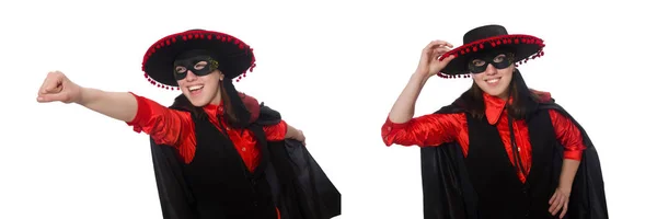 Κορίτσι σε μαύρο και κόκκινο κοστούμι καρναβαλιού απομονωμένο σε λευκό — Φωτογραφία Αρχείου