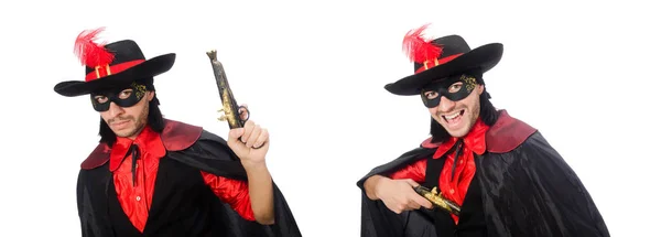 Jeune homme en manteau de carnaval avec pistolet isolé sur blanc — Photo