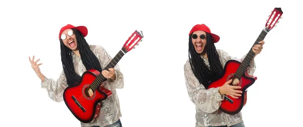 Mannelijke muzikant met gitaar geïsoleerd op wit — Stockfoto