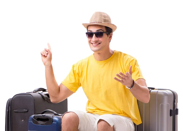 Boldog fiatalember megy nyári vakáció elszigetelt fehér — Stock Fotó
