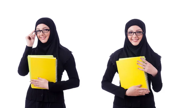 Mujer musulmana joven con libro sobre blanco —  Fotos de Stock