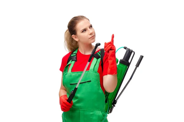 Female pest control contractor isolated on white — Stock Photo, Image