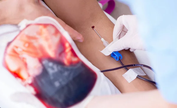 Paciente recibiendo transfusión de sangre en clínica hospitalaria —  Fotos de Stock