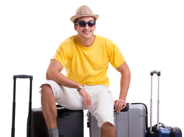 Щасливий молодий чоловік збирається на літні канікули ізольовано на білому — стокове фото