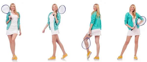Giovane bella signora che gioca a tennis isolato su bianco — Foto Stock