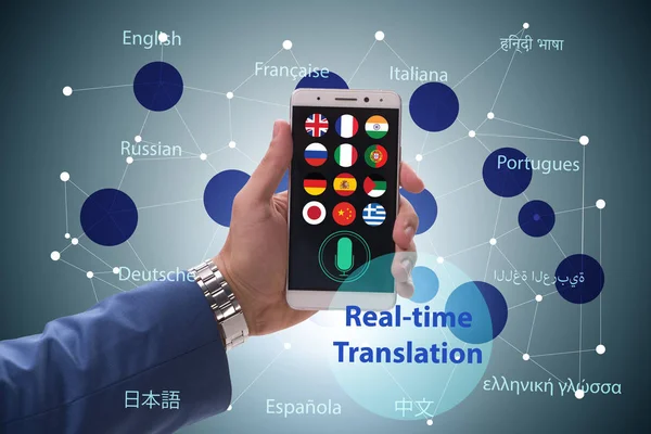 stock image Concept of real time translation with smartphone app