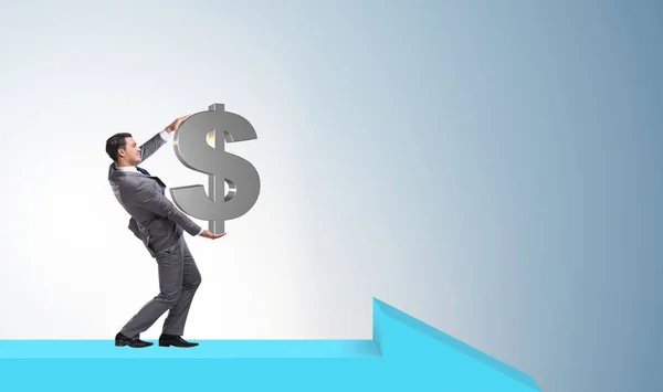 Empresario con dólar caminando en el signo de flecha —  Fotos de Stock