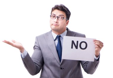 Olumsuz cevap veren iş adamı beyaz arkaplanda izole edilmedi