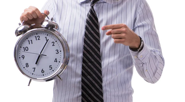 Jovem empresário no conceito de gestão de tempo em fundo branco — Fotografia de Stock