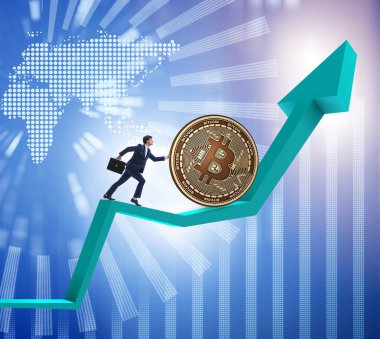 İşadamı, kripto para zinciri konseptinde bitcoin basıyor