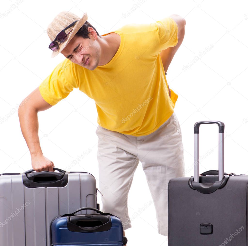 Happy young man going on summer vacation isolated on white