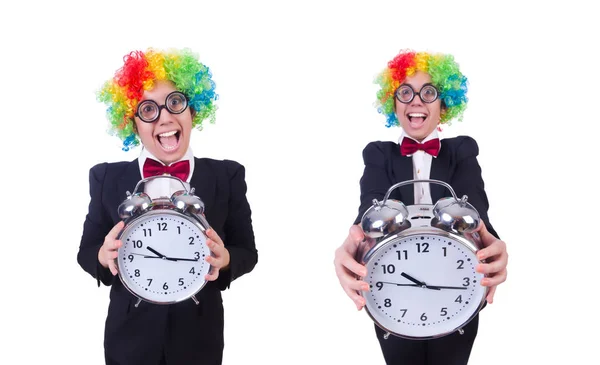 Legrační klaun s hodinami na bílém pozadí — Stock fotografie