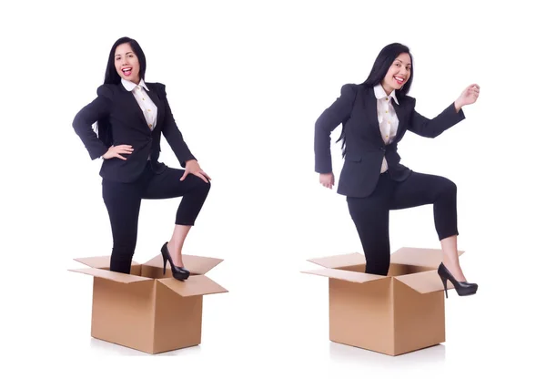 Жінка з коробками на білому — стокове фото
