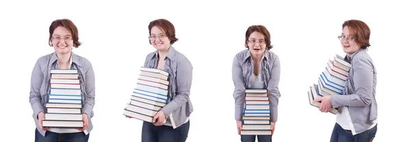 Girl student with books on white — Stock Photo, Image