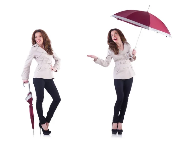 Kobieta z parasolem na białym — Zdjęcie stockowe
