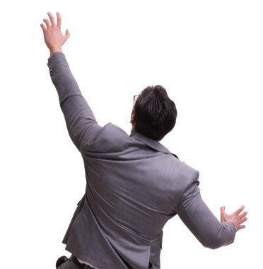 İşadamı beyaz üzerine izole edilmiş sanal engeli tırmanıyor