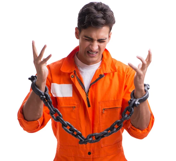 Заключенный с руками, прикованными цепями, изолирован на белом фоне — стоковое фото