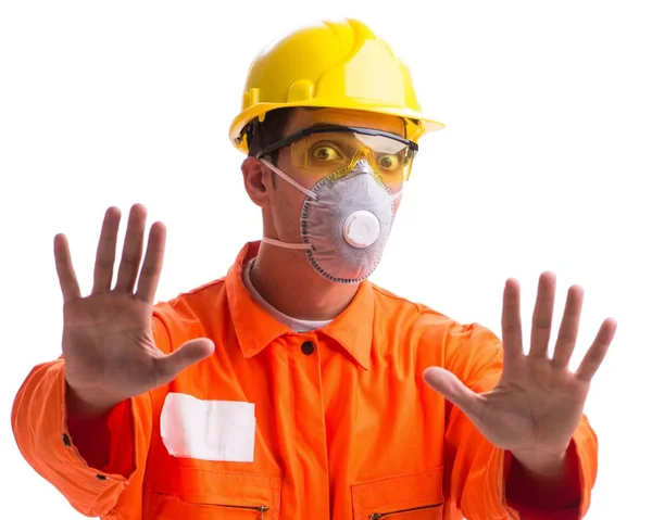 Trabalhador da construção civil com máscara protetora isolada sobre branco — Fotografia de Stock