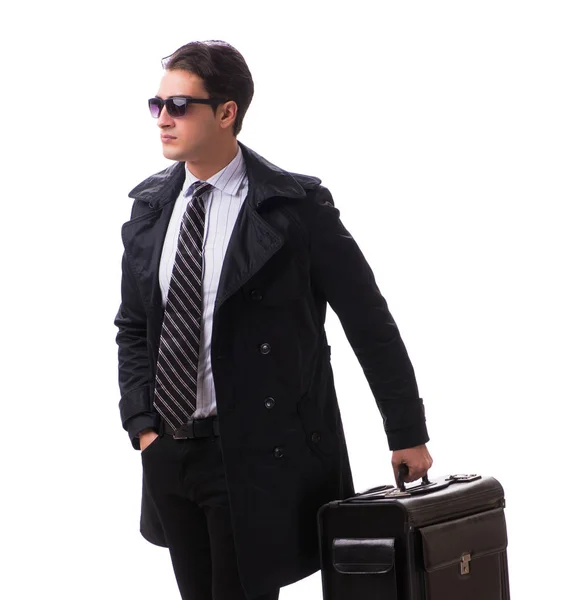 Jungunternehmer mit Koffer bereit für Geschäftsreise in Weiß — Stockfoto