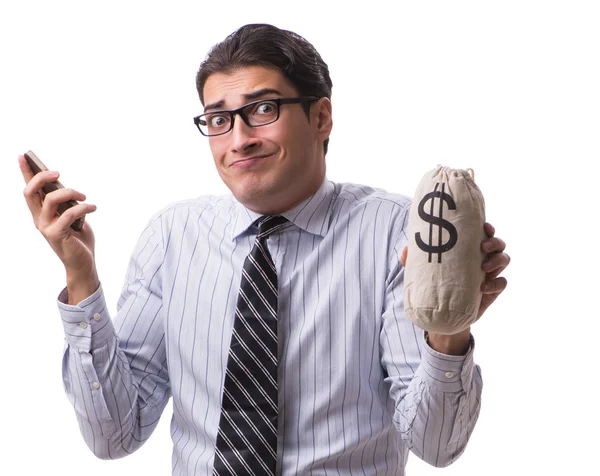 Ung affärsman med pengar säck isolerad på vit bakgrund — Stockfoto