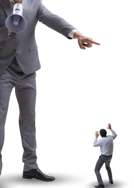 Bad angry boss shouting at employee with loudspeaker — Stock Photo, Image