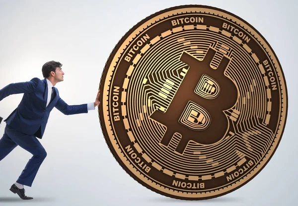 Επιχειρηματίας πιέζει bitcoin στην έννοια blockchain κρυπτονομισμάτων — Φωτογραφία Αρχείου