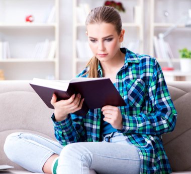 Kız öğrenci kanepede oturan kitap okuma