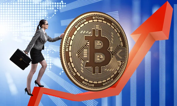 Podnikatelka tlačí Bitcoinu v kryptoměn blockchain conce — Stock fotografie
