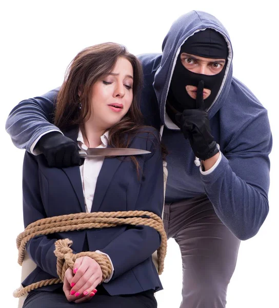 Knifeman threatening tied woman — Stock Photo, Image