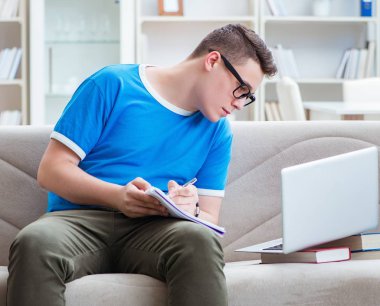 Sınavlara hazırlanan genç öğrenci kanepede ders çalışıyor.