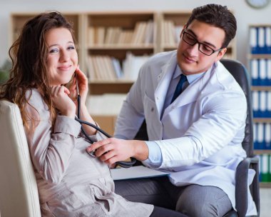 Hamile kadın muayene için doktoru ziyaret ediyor.