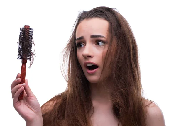 Woman in beauty concept combing hair loosig loss — Stock Photo, Image