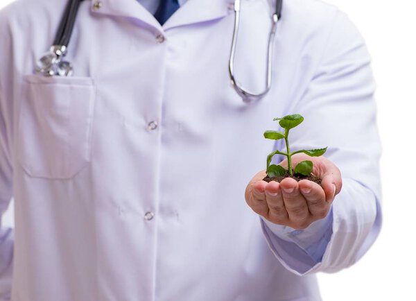 Ученый с зелеными саженцами в стекле изолирован на белом
