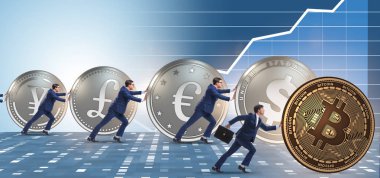 İşadamı bitcoin cryptocurrency kavramında iterek