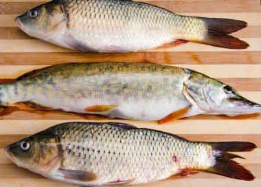 Yemek hazırlama kavramında tahtanın üzerinde pişmemiş balık