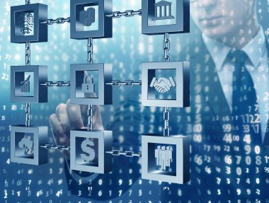 Engelleme zinciri kripto para birimi kavramında iş adamı