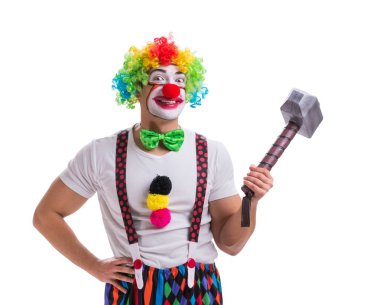 Beyaz arka planda çekici olan komik bir palyaço.