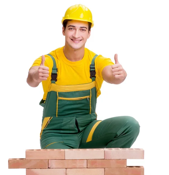 El trabajador de la construcción guapo edificio muro de ladrillo —  Fotos de Stock