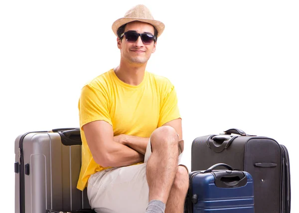 Glücklicher junger Mann geht isoliert auf Weiß in den Sommerurlaub — Stockfoto