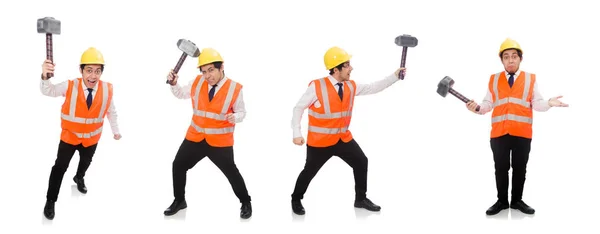 Trabajador de la construcción con martillo aislado en blanco — Foto de Stock