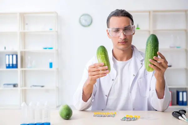 Experto en nutrición masculina prueba de verduras en laboratorio —  Fotos de Stock