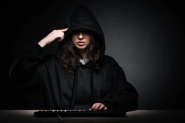 Female hacker hacking security firewall late in office
