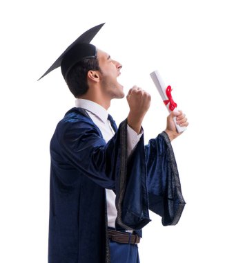 Öğrenci üzerinde beyaz izole onun mezuniyet töreninde heyecanlı